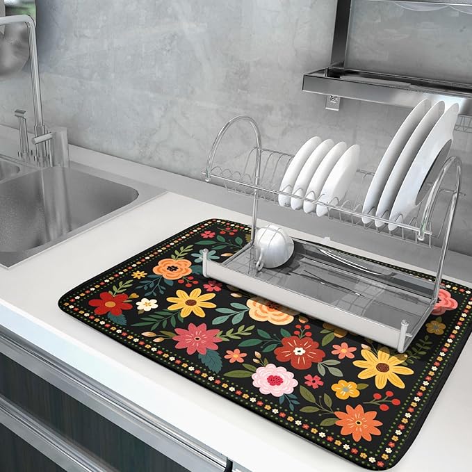 Boho Floral Dish Drying Mat 18x24 Inch Colorful Flower Dishes Dry Mats - Image 5