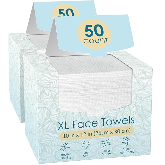 2 Pack of 50 count XL Disposable Face Towels 10” x 12”, 100% Viscose Fibre by Fygrip