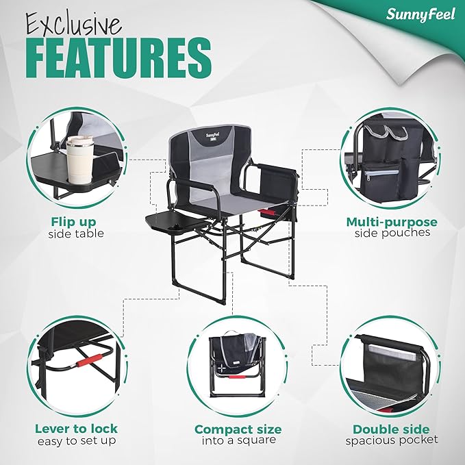 SUNNYFEEL Oversized Camping Directors Chair 500 LBS Heavy Duty, Portable Folding Chair with Side Table, Pocket for Beach, Fishing,Trip,Picnic,Lawn,Concert Outdoor Foldable Camp Chairs - Image 6