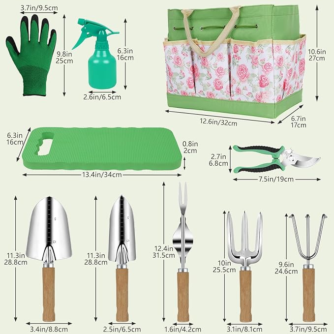 Garden Tool Set,10 Piece Garden Kit,Heavy Duty Stainless Steel Gardening Hand Tools with Durable Storage Tote,Rust-Proof Garden Tools,Gardening Gifts for Women Men Pink Floral Pattern Design - Image 6