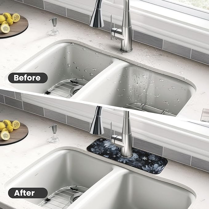 Faucet Draining Mat For Kitchen Sink, Stylized Gray Chrysanthemum Flowers - Image 3