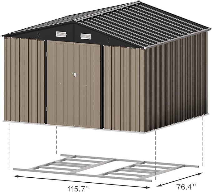 Patiowell 10 x 8 FT Outdoor Storage Shed with Floor Frame, Large Garden Tool Metal Shed with Sloping Roof and Double Lockable Door for Backyard Garden Patio Lawn,Brown - Image 7