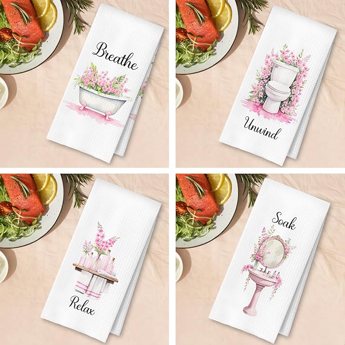 Farmhouse Pink Botanical Bathroom Hand Towels, Relax Breathe Soak Unwind - Image 4
