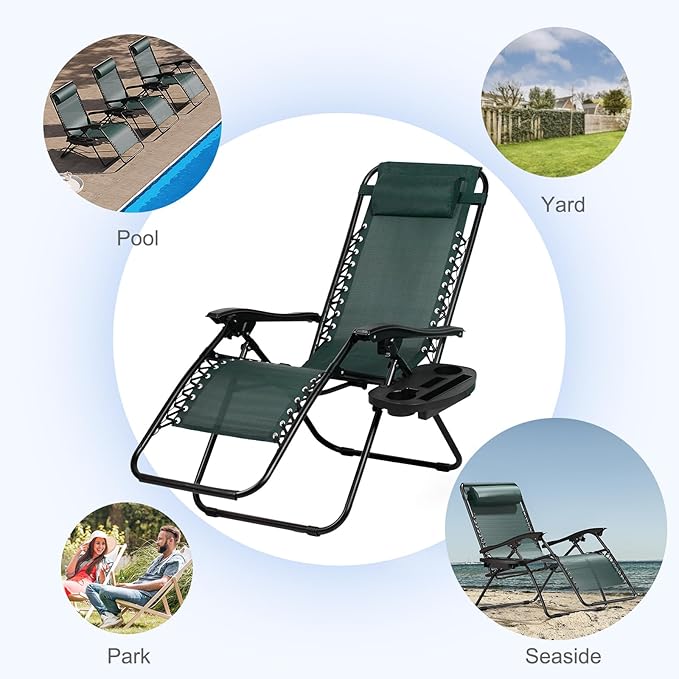 Nazhura Set of 2 Relaxing Recliners Patio Chairs Adjustable Steel Mesh Zero Gravity Lounge Chair Beach Chairs with Pillow and Cup Holder (Dark Green) - Image 8
