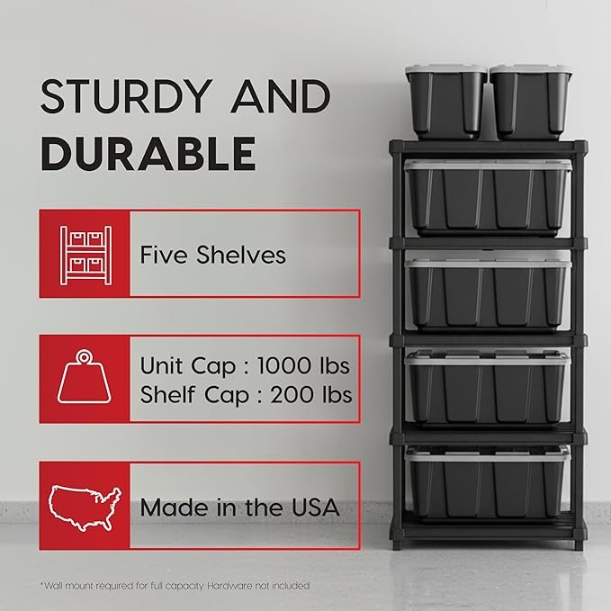 IRIS USA 5-Shelf Extra Heavy Duty Deep Plastic Storage Shelves, 1000lb Capacity, 75" H x 36" W x 24" D, Large Modular Shelving Unit Storage Organizer for Garage, Home, Warehouse & Gym, Rack - Black - Image 3