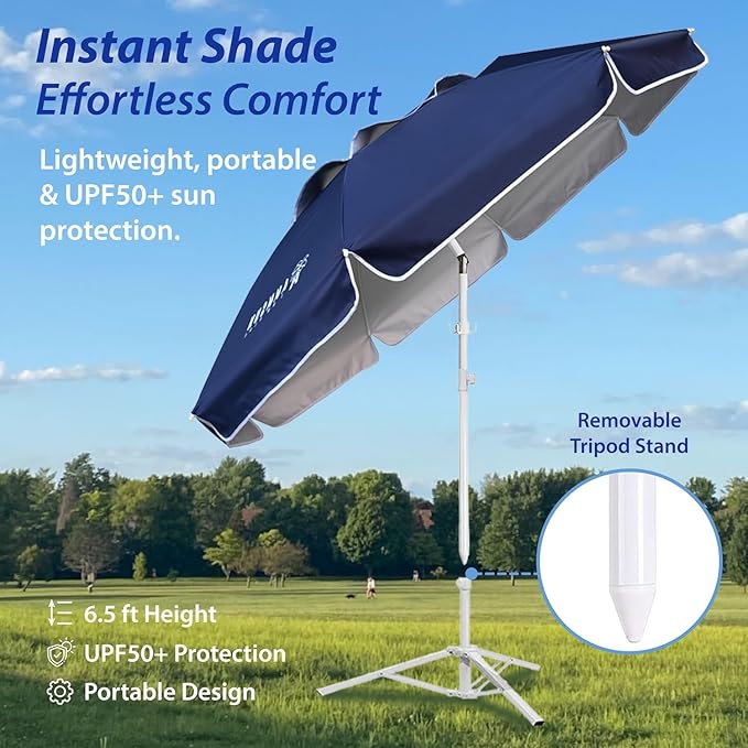AMMSUN Shade Umbrella, Premium Portable Umbrella with Stand, 6.5ft Lightweight Free Standing Canopy for Sporting Games, Adjustable Instant Sun Protection and Easy to Carry, Navy Blue - Image 3