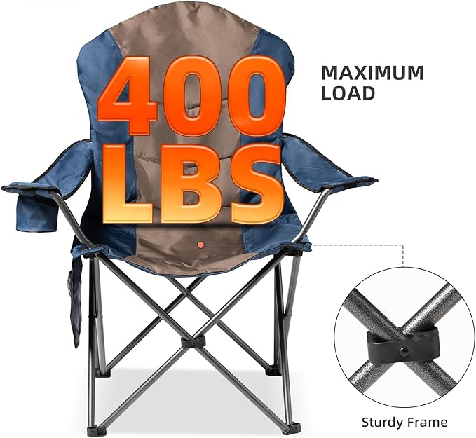 2 Pack Folding Camping Chairs for Adults - High Back Padded Outdoor Lawn Chairs with Lumbar Support & Cup Holder, 400lbs Heavy Duty Portable Camping Chairs Set (Blue & Brown, 2 PCS) - Image 4