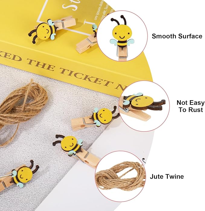 50Pcs Bee Wooden Clip with Jute Twine Cute Clothespin Craft Clip Decorative - Image 3