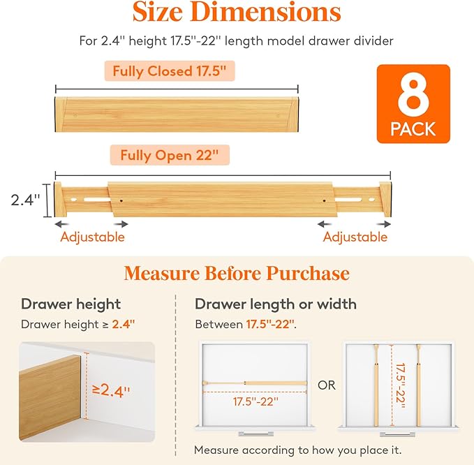 Lifewit 2.4" High 8 Pack Bamboo Drawer Dividers 45-55cm/17.5-22" Adjustable - Image 3