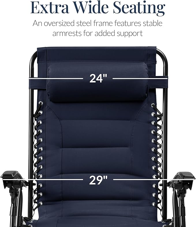 Best Choice Products Oversized Padded Zero Gravity Chair, Folding Outdoor Patio Recliner, XL Anti Gravity Lounger for Backyard w/Headrest, Cup Holder, Side Tray, Polyester Mesh - Navy Blue - Image 3