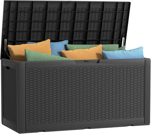 120 Gallon Outdoor Deck Box, Lockable Waterproof Outdoor Storage Boxes For Garden Tools,Indoor Cushions,Accessories Outside Storage Resin Weatherproof Container(Black) by MAIUSCOLI