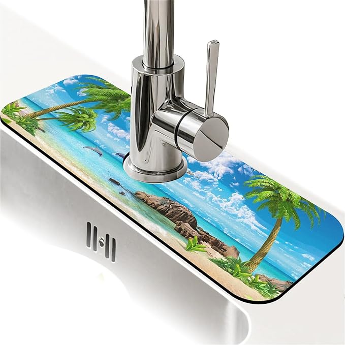 Kitchen Sink Splash Guard，Summer coconut Beach dolphins Faucet Mat Sink by ZHUZHISHAN