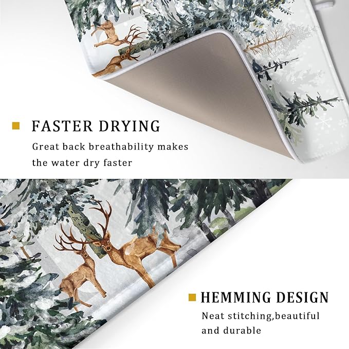 Pine Tree Dish Drying Mat for Kitchen Counter 18x24 Inch Forest Deer Absorbent - Image 3