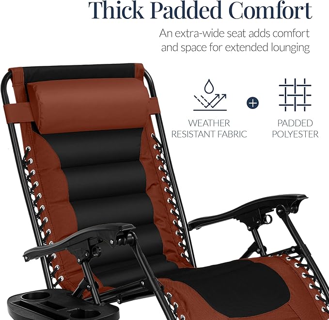 Best Choice Products Oversized Padded Zero Gravity Chair, Folding Outdoor Patio Recliner, XL Anti Gravity Lounger for Backyard w/Headrest, Cup Holder, Side Tray, Polyester Mesh - Rust/Black - Image 5
