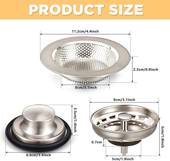 Mudder 3 Pcs Kitchen Sink Drain Strainer and Stopper Stainless Steel Garbage - Image 2