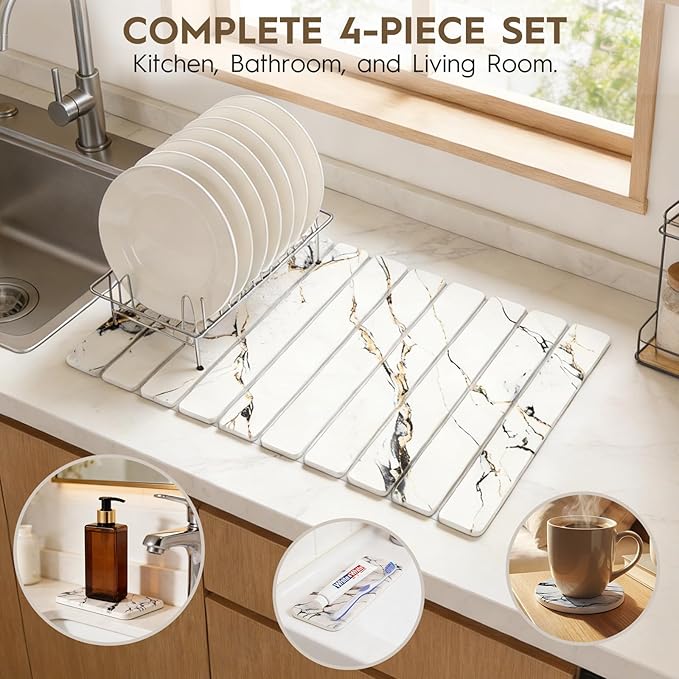 Stone Dish Drying Mat, Complete 4-Piece Set - Image 5