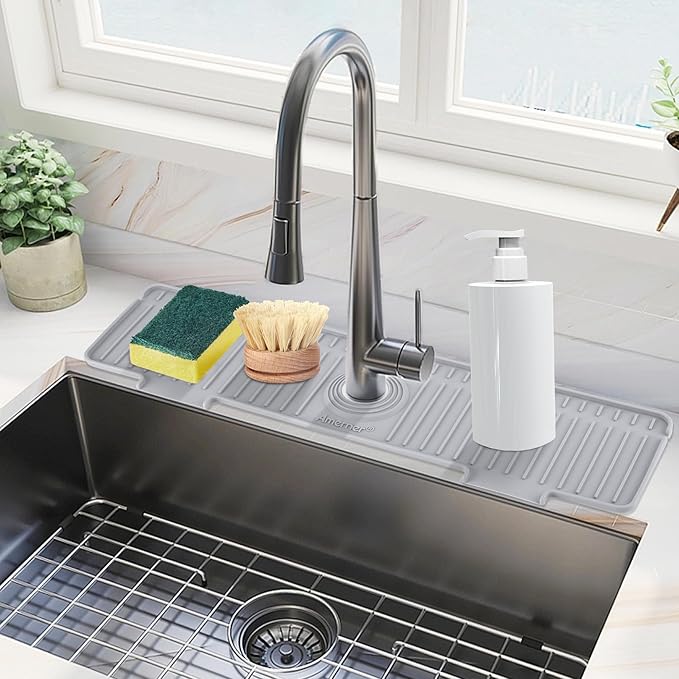 20 inch Kitchen Sink Splash Guard, 10° Large Slope & Adaptable Hole Faucet Mat by Amerner