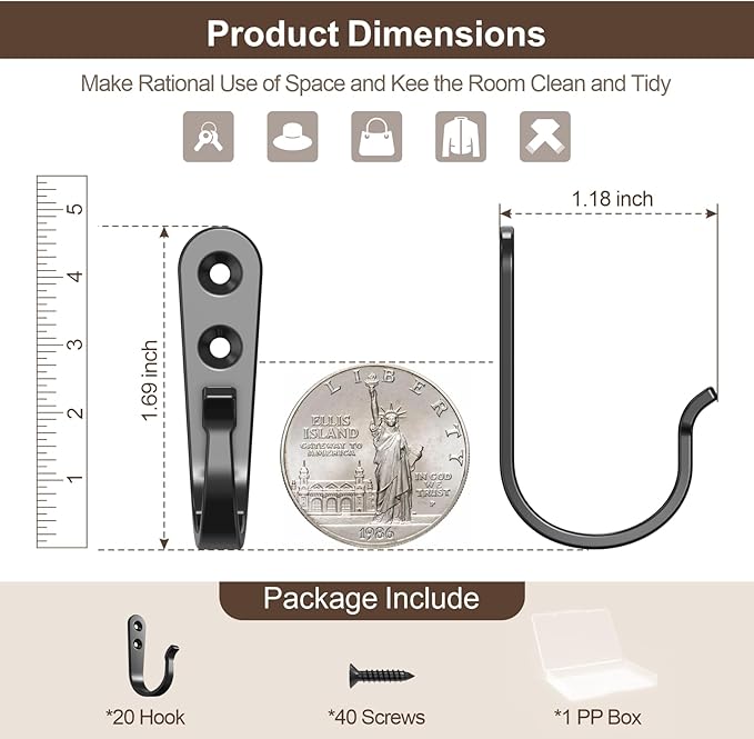 20-Pack Towel Hooks for Bathroom, Heavy Duty Black Metal Wall Hooks for Robe - Image 3