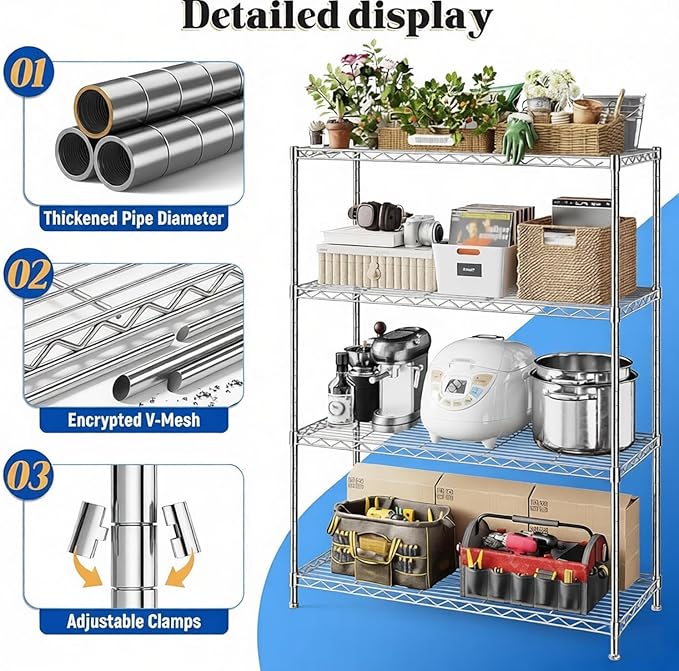 Xcity Storage Shelves, 4 Tier Heavy Duty Metal Shelving Unit with Wheels, 1600 LBS Capacity Adjustable Steel Wire Shelf Organizer for Pantry, Kitchen, Garage, 18" D x 36" W x 60" H, Chrome - Image 3