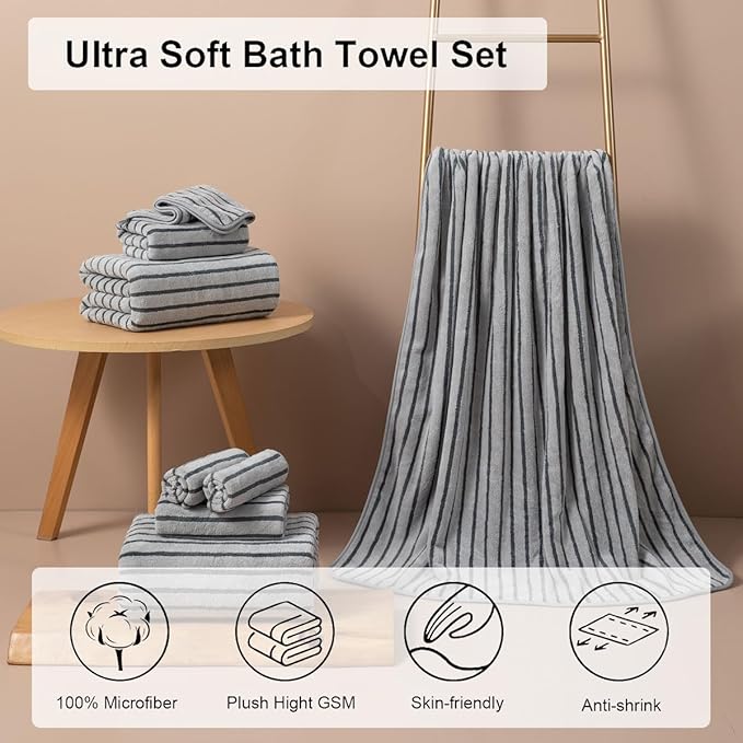 Oliven 8 Pcs Gray Cabana Stripe Bath Towel Set Oversize Bath Sheet-2 Bathroom - Image 2