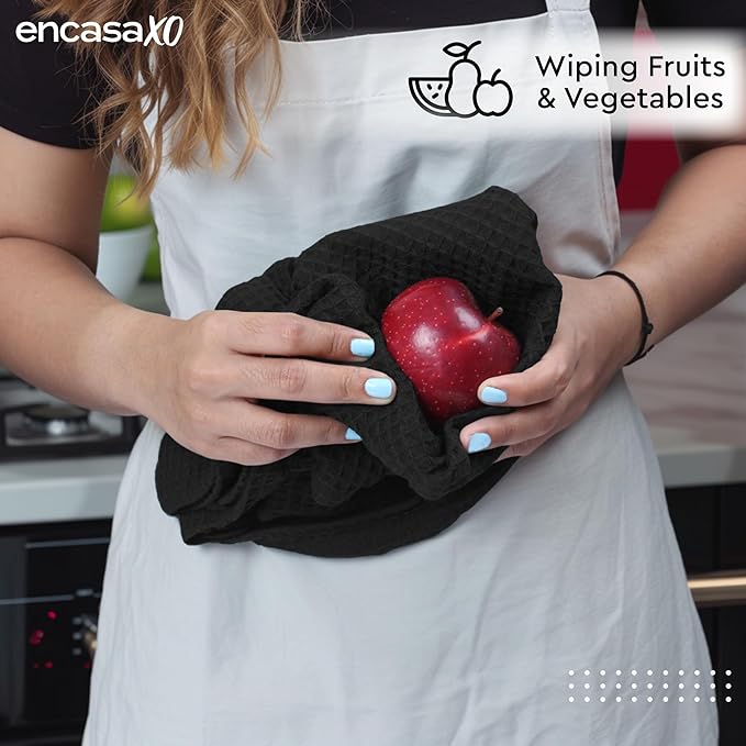 Encasa XO Kitchen Dish Towels Set | Black | Waffle Weave and Flat Hand Tea - Image 3