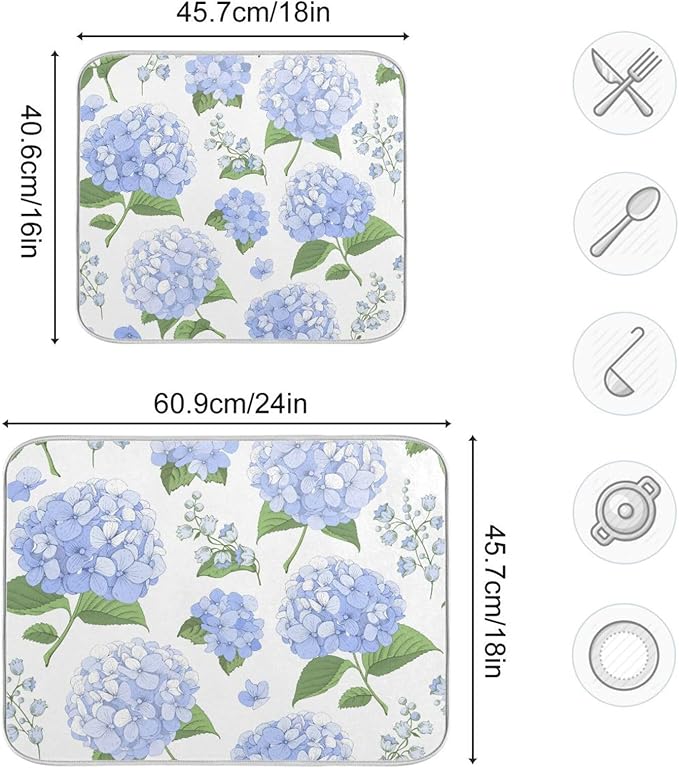 Blue Hydrangea Flowers Dish Drying Mat Super Absorbent Drying Mat Large Coffee - Image 3