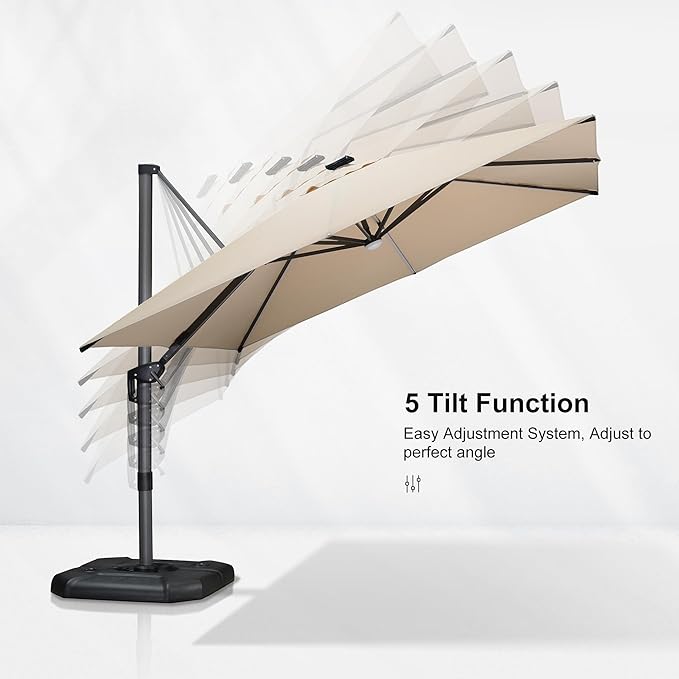 PURPLE LEAF 10 Feet Patio Umbrella with Base Outdoor Cantilever Solar Powered LED Square Umbrella Aluminum Offset Umbrella with 360-degree Rotation for Garden Deck Pool Patio, Beige - Image 9