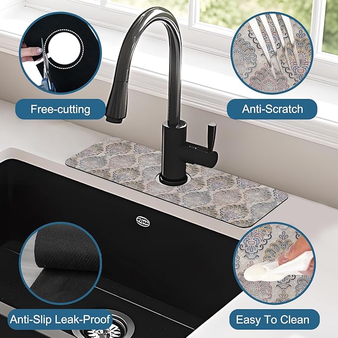 Grey Ceramic Printing Sink Splash Guard Ceramic Texture Faucet Absorbing Mat - Image 4