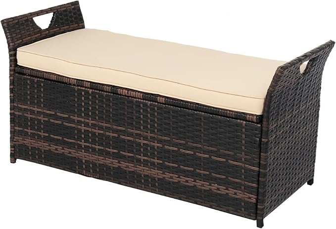 VINGLI 40 Gallon Outdoor Rattan Deck Box w/Cushion, Patio Wicker Storage Box, Garden Deck Storage Bin for Garden, Balcony, Porch, Pool, Yard, Brown by VINGLI