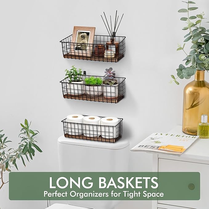 Wall Hanging Baskets 3 Pack, Diversified Wire Basket Shelves of Wooden Style - Image 6