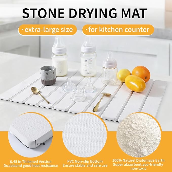Stone Dish Drying Mat for Kitchen Counter, Non-Slip Quick Absorbent - Image 3