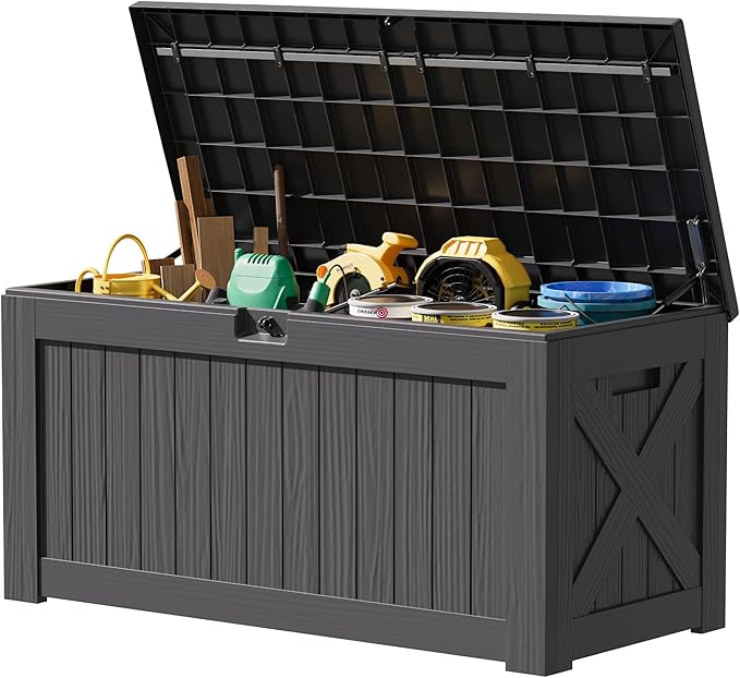 JUMMICO 120 Gallon Resin Deck Box, Large Outdoor Storage Box Waterproof & Lockable for Garden, Patio, Pools (Gray) by JUMMICO