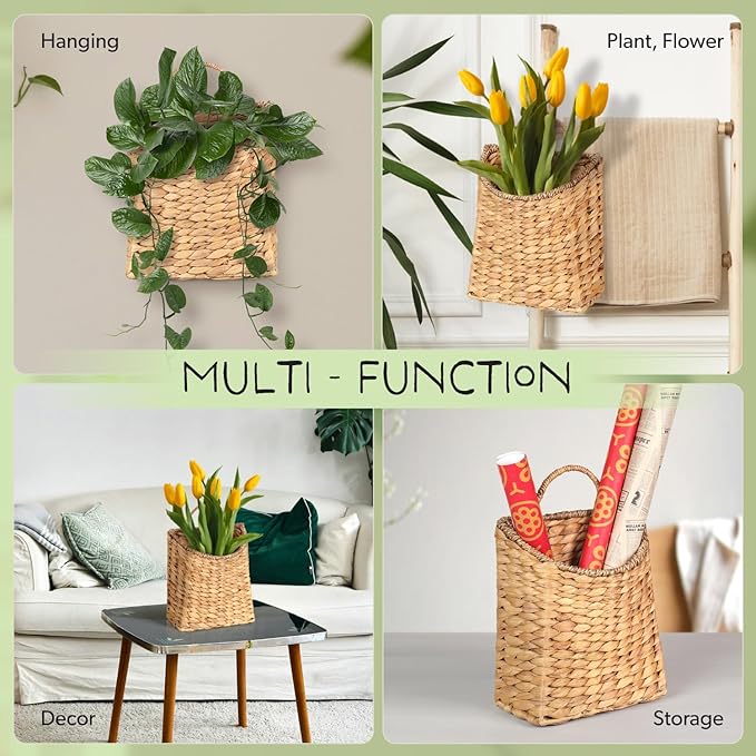 Woven Hanging Water Hyacinth Baskets, Hanging Wall Wicker Basket, Handmade - Image 9
