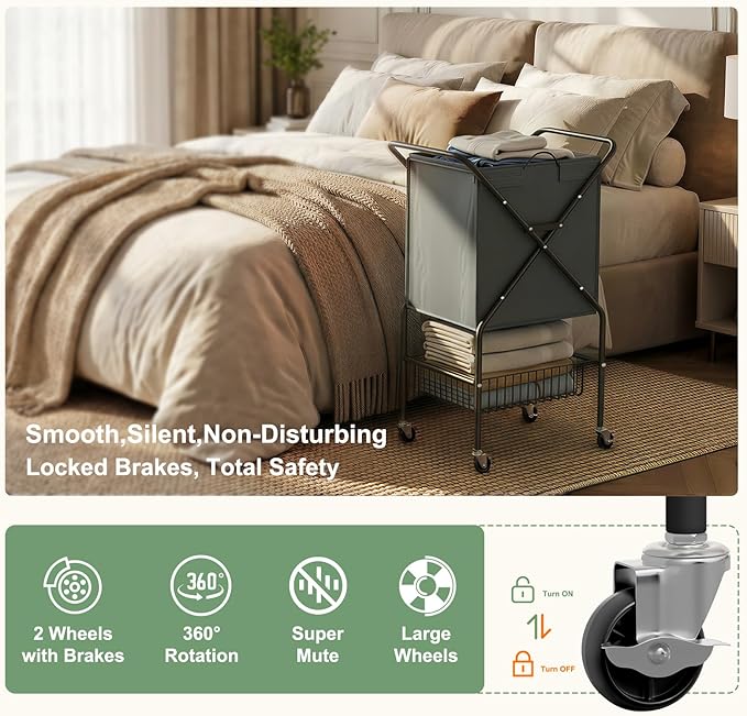Laundry Basket with Wheels:88L Rolling Laundry Cart Foldable Metal Frame Dirty - Image 8
