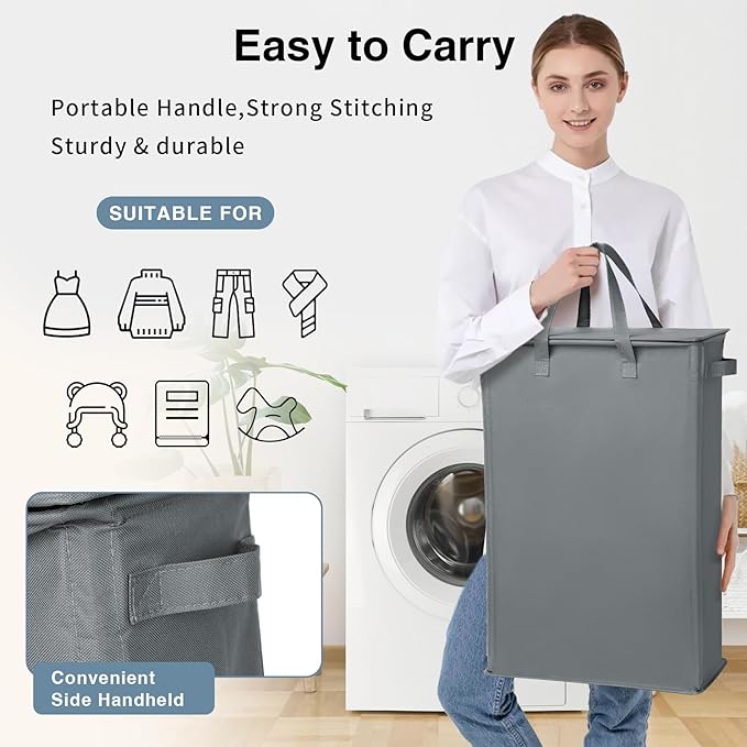 Slim Laundry Basket with Lid and Handles, Foldable Laundry Basket - Image 4