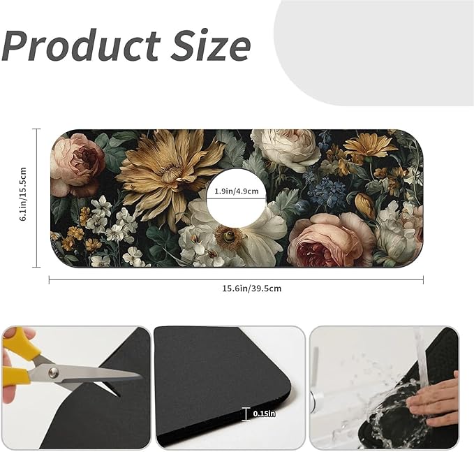 Kitchen Sink Splash Guard，Dark-floral Faucet Mat Sink Gadgets-Super Absorbent - Image 3