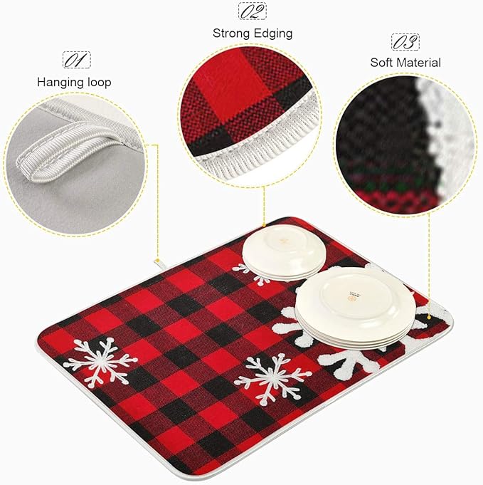 Christmas Red Plaid Snow Snowflake Dish Drying Mat 18x24 inch Red Black Lattice - Image 4