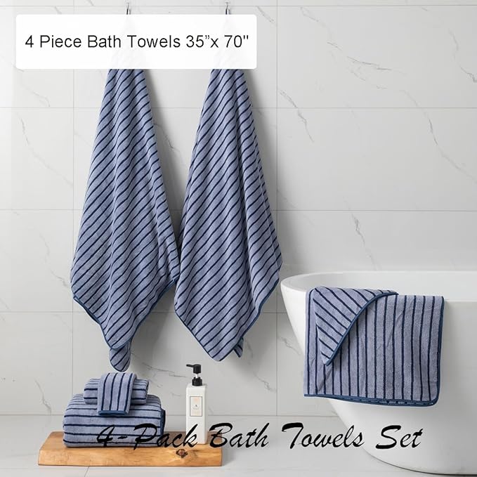 Oliven 4 Piece Navy Cabana Stripe Large Bath Towels Oversized Bath Sheet Super - Image 3