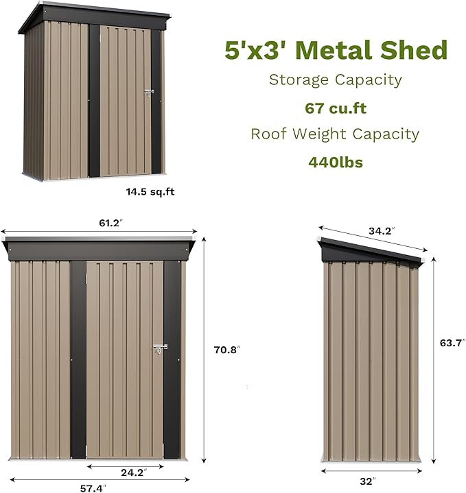 Patiowell 5x3 FT Outdoor Storage Shed, Tool Shed with Sloping Roof and Lockable Door, Metal Shed for Backyard Garden Patio Lawn, Brown - Image 6