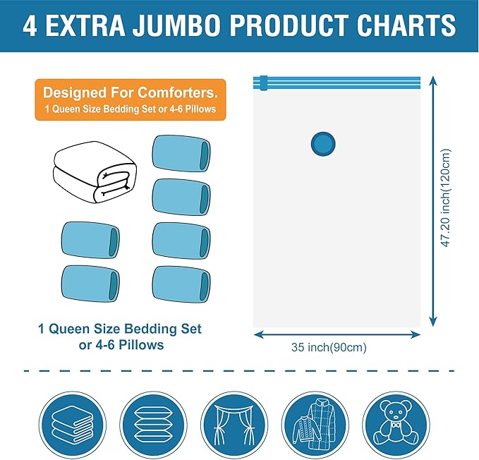 Cozy Essential 4 Pack XXL Jumbo Vacuum Storage Bags, Extra Sealed Bags - Image 5