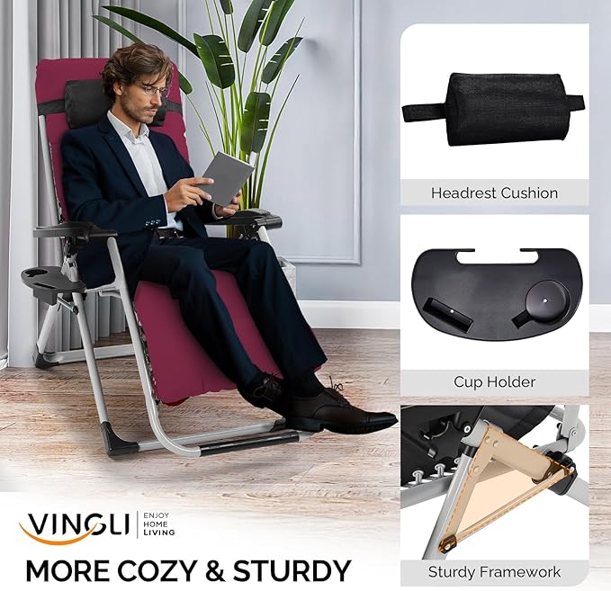 VINGLI Padded Zero Gravity Chair, Lounge Chair with Removable Cushion & Tray， Folding Reclining Patio Chairs， Recliner Chair for Lawn，Indoor Outdoor-Red - Image 4