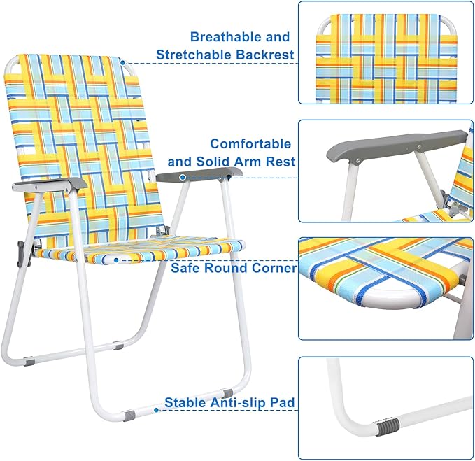 VINGLI Patio Lawn Webbed Folding Chairs Set of 2, Outdoor Beach Chair Portable Dining Chair for Outdoor Yard, Garden (Yellow, Classic) - Image 6