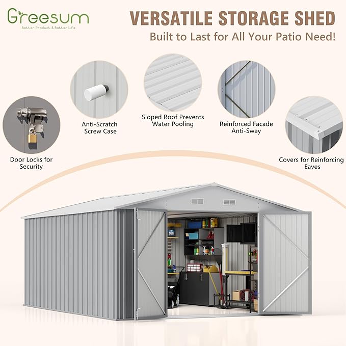 Greesum 10×14 FT Outdoor Storage Shed, Metal Storaged Sheds Without Floor, Tool Sheds with Lockable Doors and Sloping Roof for Garden, Patio, Gray - Image 3