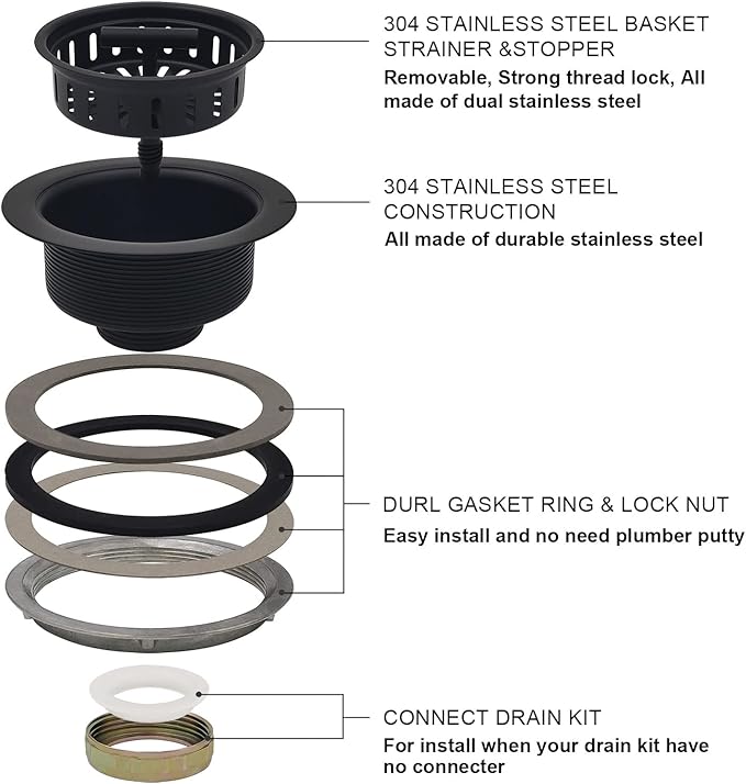 3-1/2 Inch Matte Black All Stainless Steel Kitchen Sink Drain Strainer Assembly - Image 7