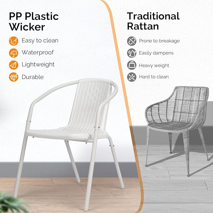 VINGLI PE Rattan Outdoor Dining Chairs Set of 4, Plastic Stackable Patio Chairs for Indoor, Porch, Restaurant, Garden, White - Image 6
