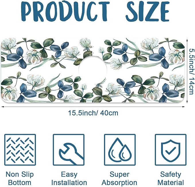 Watercolor Garland Flower Sink Splash Guard Faucet Mat Clover Leaves Super - Image 2