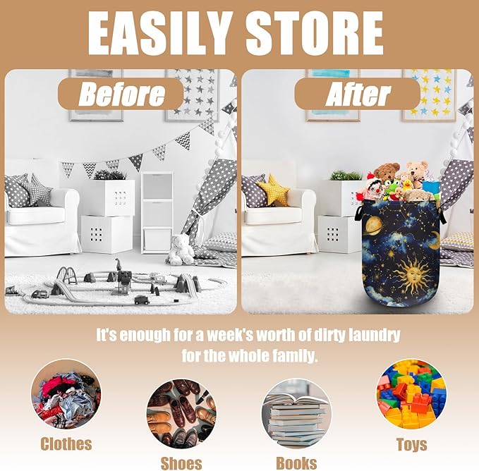 Sun Moon Laundry Basket, Foldable Cloudy Starry Night Laundry Hamper Tote Bag - Image 3