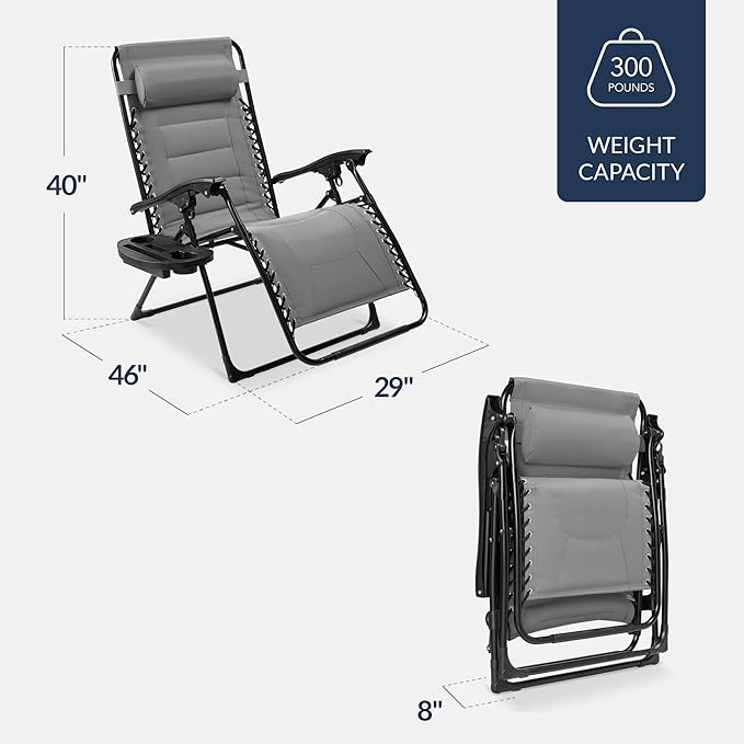 Best Choice Products Oversized Padded Zero Gravity Chair, Folding Outdoor Patio Recliner, XL Anti Gravity Lounger for Backyard w/Headrest, Cup Holder, Side Tray, Polyester Mesh - Ice Gray - Image 2