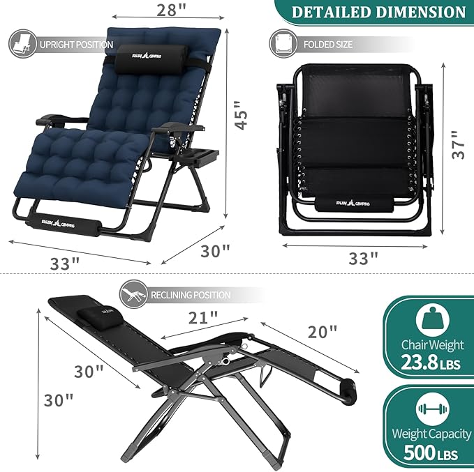 UDPATIO Oversized Zero Gravity Chair, 33In XXL Patio Reclining Chair with Cushion, Outdoor Folding Recliner with Pillows|Cup Holder|Foot Rest|Padded Headrest, Navy Blue, Support 500LB - Image 5