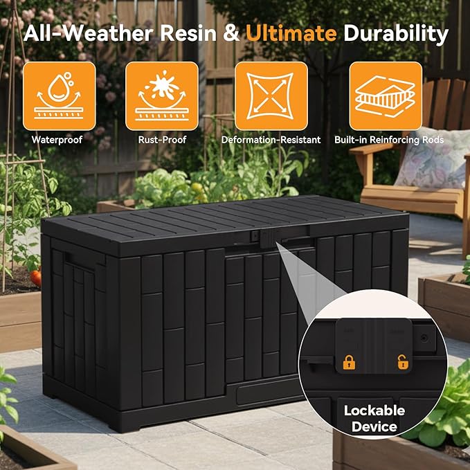 NEWBULIG 60 Gallon Deck Box, Waterproof Outdoor Storage Box with Lockable Lid, Patio Furniture Bench & Side Table, Outside Storage Container, Tool-Free Assembly, for Garden, Pool, Black - Image 4
